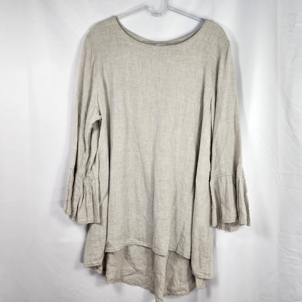 Crown Linen Designs Tunic Top Tan‎ Linen Bell Sleeve Flowy Minimalist Womens XL
